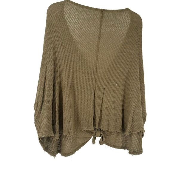 Waffle Knit Top Green Oversized Relaxed Fit Knot Front V Neck Size S MTS Brand - Picture 4 of 8